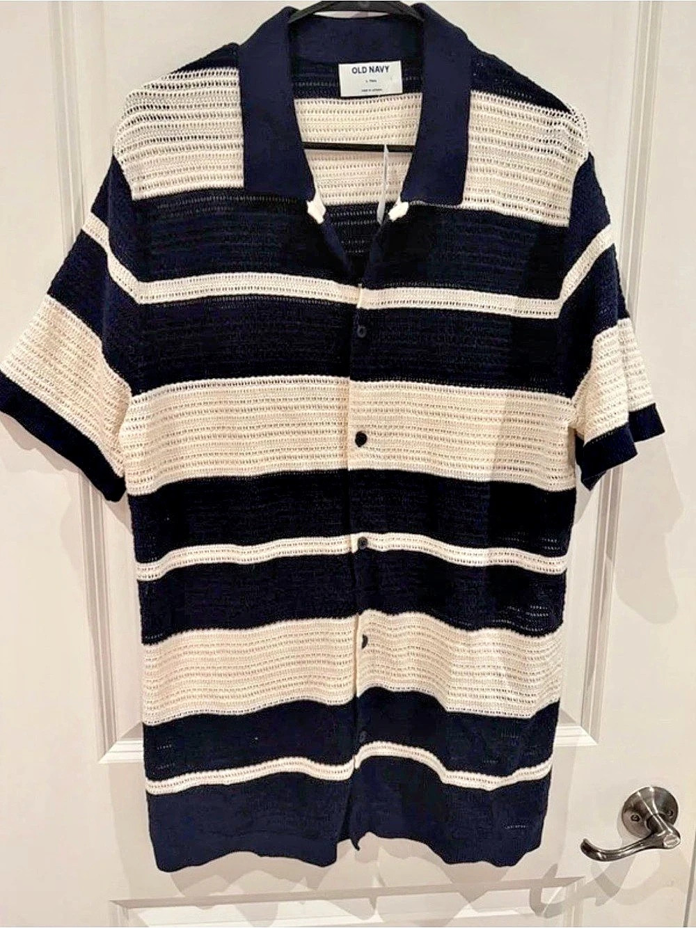 Old Navy Button-Front Open-Stitch Sweater Blue & Cream Large